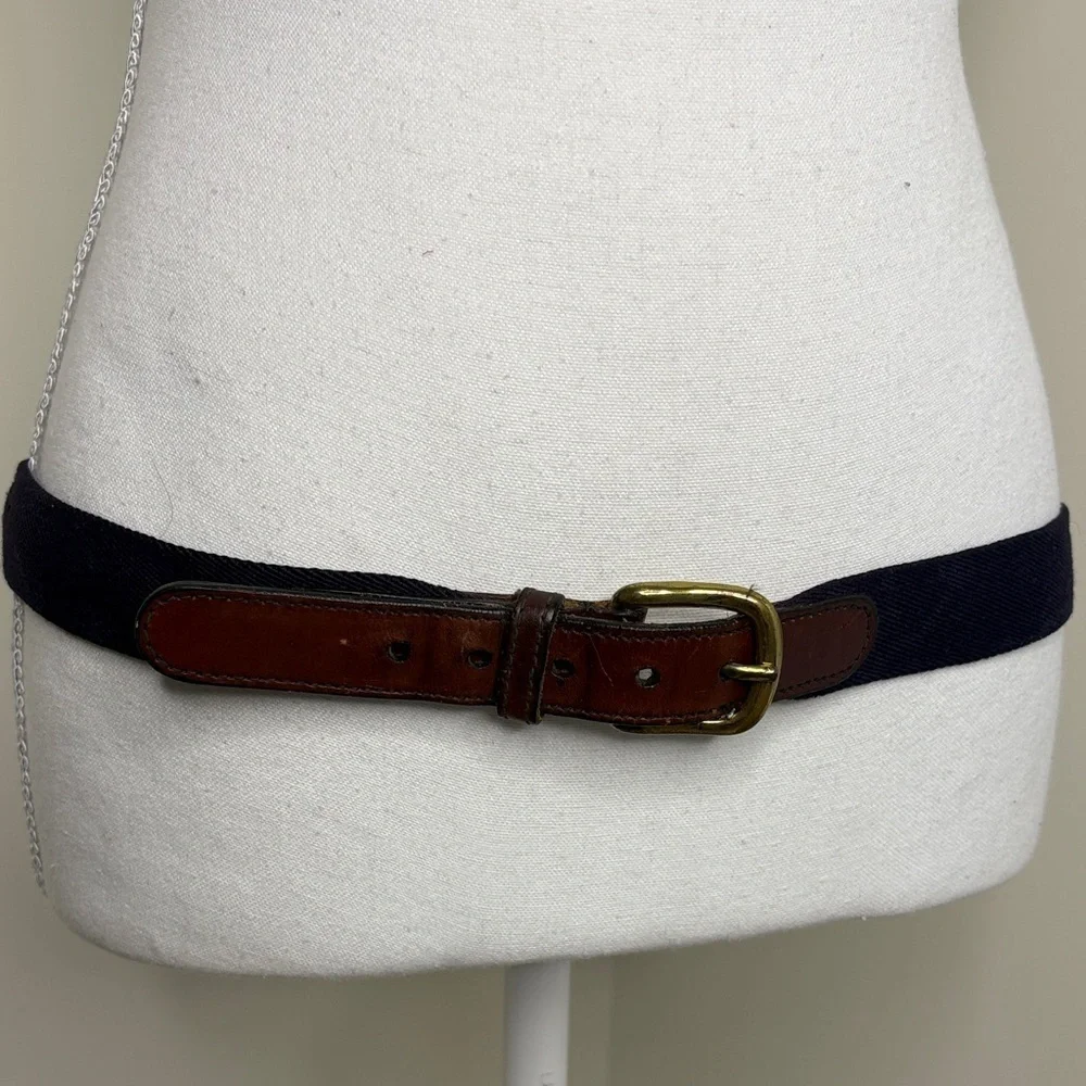 Vintage Brown and Navy Belt with Brass Buckle. Fabric & Leather. 36